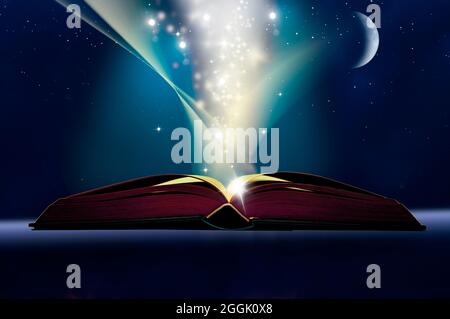 Mysterious book in front of a dark starry sky Stock Photo