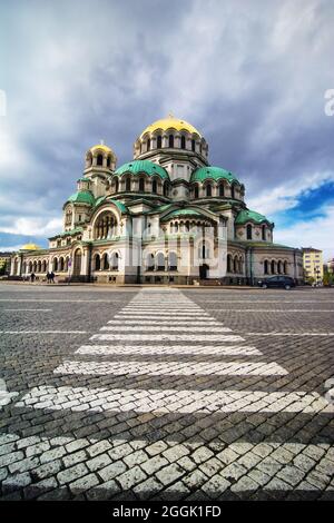 Beautiful view of st. Alexander Nevsky Cathedral in Sofia, the capital of Bulgaria on blue cloudy sky background Stock Photo