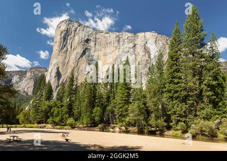 Tourists on the Merced River, El Capitan at the back, Yosemite National Park, California, United States, USA, Stock Photo