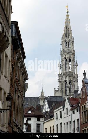 The tower of the Brussels Town Hall on a summer day. Stock Photo