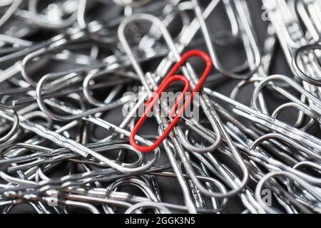 A red paper clip stands out against a textured background of silver paper clips. Concept Stock Photo