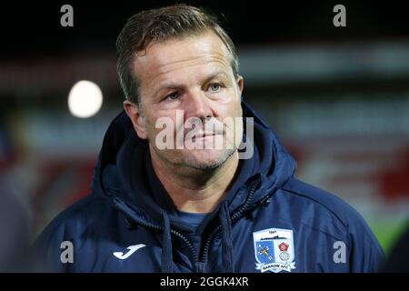 ACCRINGTON, UK. AUG 31ST Barrow manager Mark Cooper during the EFL Trophy match between Accrington Stanley and Barrow at the Wham Stadium, Accrington on Tuesday 31st August 2021. (Credit: Mark Fletcher | MI News) Credit: MI News & Sport /Alamy Live News Stock Photo