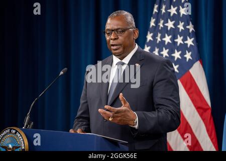 Washington, United States. 01st Sep, 2021. Secretary of Defense Lloyd J. Austin, delivers remarks about the end of the 20 year military mission in Afghanistan at the Pentagon, in Arlington, VA on Wednesday, September 1, 2021. President Joe Biden credited the U.S. military for carrying out 'one of the biggest air lifts in history' by evacuating more than 120,000 people from Afghanistan by Tuesday's deadline. Photo by Ken Cedeno/UPI Credit: UPI/Alamy Live News Stock Photo