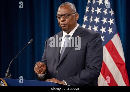 Washington, United States. 01st Sep, 2021. Secretary of Defense Lloyd J. Austin, delivers remarks about the end of the 20 year military mission in Afghanistan at the Pentagon, in Arlington, VA on Wednesday, September 1, 2021. President Joe Biden credited the U.S. military for carrying out 'one of the biggest air lifts in history' by evacuating more than 120,000 people from Afghanistan by Tuesday's deadline. Photo by Ken Cedeno/UPI Credit: UPI/Alamy Live News Stock Photo