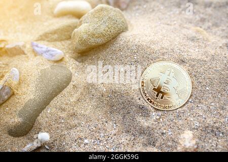 Bitcoin on the beach sand with shells and stones. Single golden BTC crypto coin banner in warm tones with copy space top view. Environment impact of mining cryptocurrency concept. Stock Photo