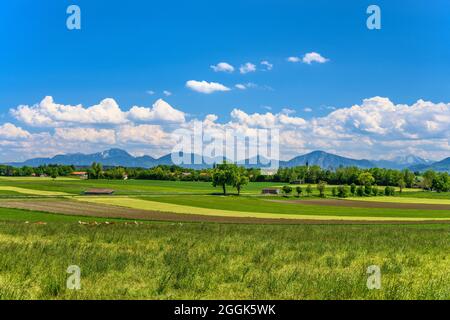 Germany, Bavaria, Upper Bavaria, Pfaffenwinkel, Eglfing, spring landscape with Obereglfing against the foothills of the Alps, view from the northwest on the Stein adventure trail Stock Photo