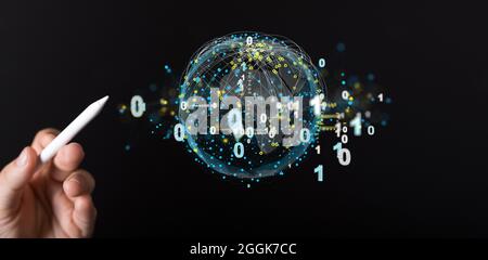 Panoramic shot of a hand holding a white pen on a 3D data cloud storage network background Stock Photo