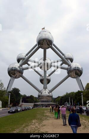 Brussels, Belgium - June 16, 2013: The Atomium in Brussels on a cloudy summer day, originally constructed for the 1958 Brussels World’s Fair. It is lo Stock Photo