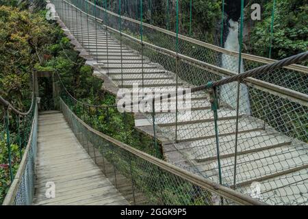 Suspension bridges leading to the viewpoint on Pailon del Diablo (Devil's Cauldron) waterfall near Banos town, Ecuador Stock Photo