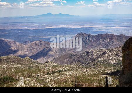 View from atop Mt. Lemmon, Santa Catalina Mountains, overlooking Tucson. Santa Rita Mountains and Mt. Wrightson in the far distance. Southern Arizona, Stock Photo