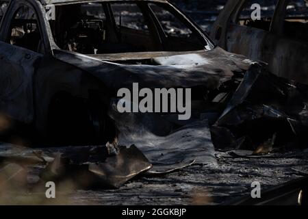 The Milan skyscraper completely burned down after the massive fire of 29 August 2021. Blackened walls and rubble Stock Photo