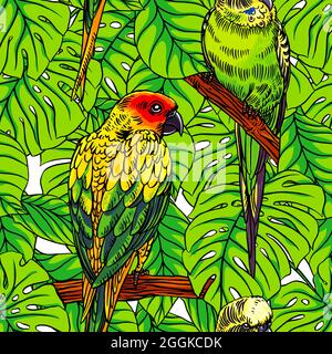 Beautiful seamless background with colorful parrots and green palm leaves Stock Vector