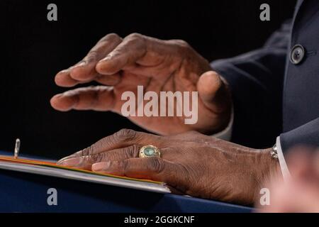 Washington, United States. 01st Sep, 2021. The hands of Secretary of Defense Lloyd J. Austin, as he delivers remarks about the end of the 20 year military mission in Afghanistan at the Pentagon, in Arlington, VA on Wednesday, September 1, 2021. President Joe Biden credited the U.S. military for carrying out 'one of the biggest air lifts in history' by evacuating more than 120,000 people from Afghanistan by Tuesday's deadline. Photo by Ken Cedeno/UPI Credit: UPI/Alamy Live News Stock Photo