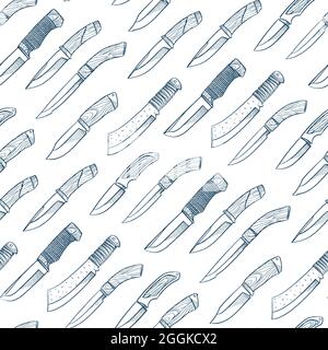 Seamless background with different hunting knives. hand-drawn illustration Stock Vector