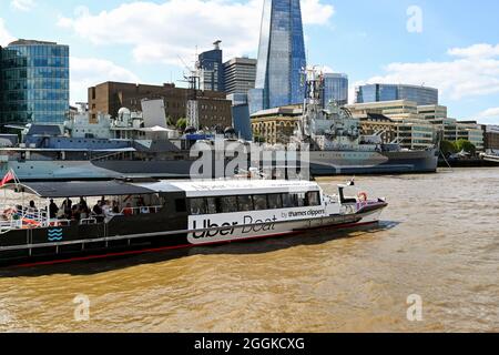 Uber River Taxi On The Thames London UK Taken At Battersea Power   London England August 2021 Side View Of A Thames Clipper Water Taxi On The River Thames The Ferry Is Sponsored By Uber 2ggkcxg 