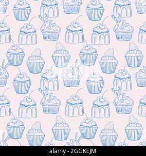 seamless blue and beige background of cute cupcakes with cream and berries Stock Vector