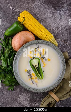 Mexican corn soup with jalapeno pepper Stock Photo
