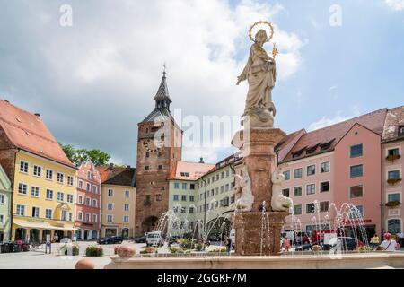 City of Landsberg am Lech in Bavaria with the historic Schmalzturm and Marienbrunnen on the main square Stock Photo