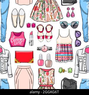 Seamless background with beautiful colorful female summer clothing Stock Vector