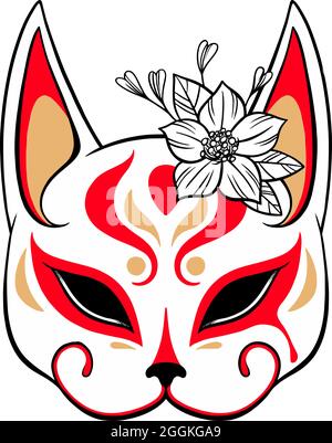 Shrine Fox. Kitsune mask art with cherry blossom flower. Black red and gold illustration Stock Vector