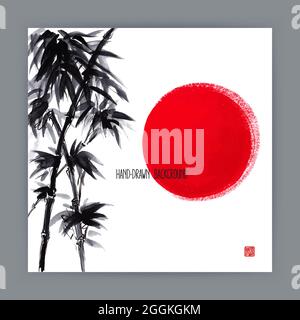 beautiful hand-drawn illustration with Japanese natural motifs. sun and bamboo branches. Sumi-e Stock Vector