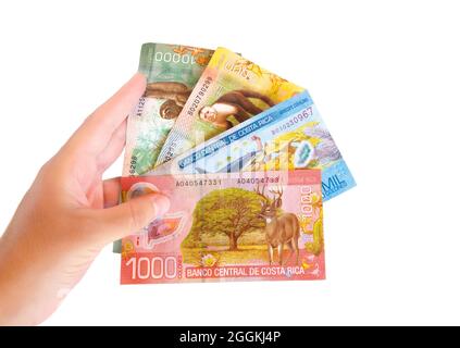 Female holding Costa Rican currency isolated on white Stock Photo