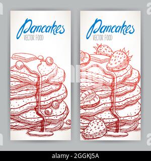 Two vertical banners with appetizing pancakes with a variety of berries and syrup. hand-drawn illustration Stock Vector
