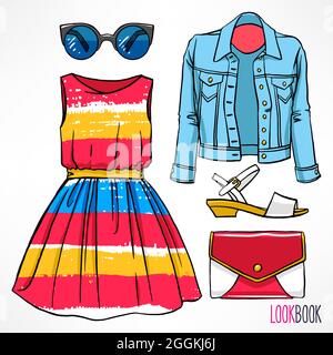 Woman's spring outfit. Dress and accessories. hand-drawing illustration Stock Vector