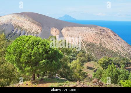 View of Gran Crater and Finicudi Island, Vulcano Island, Aeolian Islands, Sicily, Italy Stock Photo