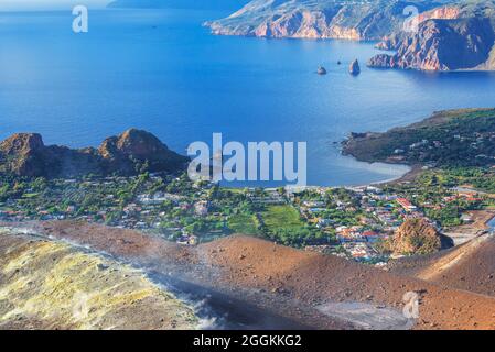 View of Lipari Island from Gran Cratere, Vulcano Island, Aeolian Islands, Sicily, Italy, Stock Photo