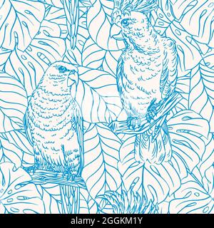 Beautiful seamless background with blue parrots and palm leaves Stock Vector