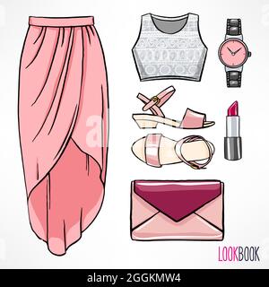Woman's summer outfit. Dress and accessories. hand-drawing illustration Stock Vector