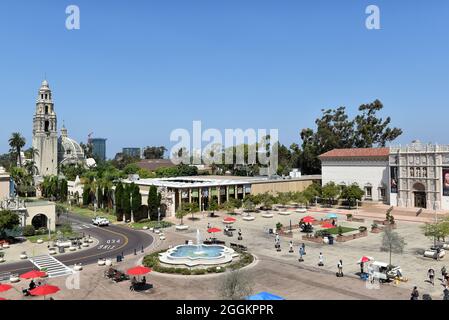 SAN DIEGO, CALIFORNIA - 25 AUG 2021: Aerial view of the Plaza de Panama with the Fountain, Museum of art and The Old Globe. Stock Photo