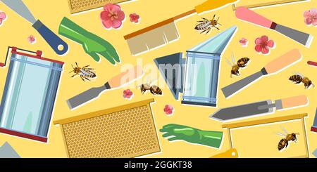 Beekeeping equipment. Horizontal seamless pattern. Honey extractor and smoker. Stamens, knives and brushes. Frame without wax and honeycomb. Gloves, b Stock Vector