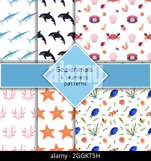 Set with six sea animal seamless pattern with killer whale, swordfish and coral, crab starfish and seashall. Undersea world habitants print. Hand drawn underwater life collection. Stock Vector