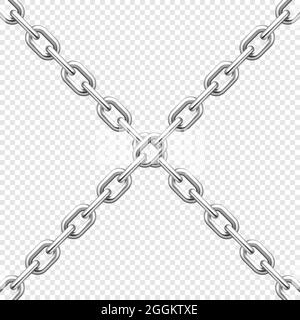 Realistic crossing metal chains with silver links on transparent background. Vector illustration. Stock Vector