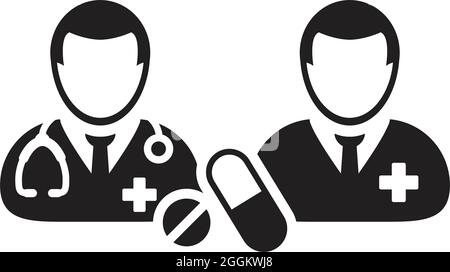 Medical icon doctor with patient vector with pill and tablet for medical treatment and consultation in a glyph pictogram illustration Stock Vector