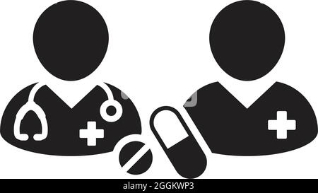 Doctor icon with patient vector with pill and tablet for medical treatment and consultation in a glyph pictogram illustration Stock Vector