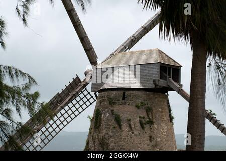 A view of the back of Morgan Lewis Windmill in Barbados, the largest and only complete sugar windmill in the Caribbean. Stock Photo