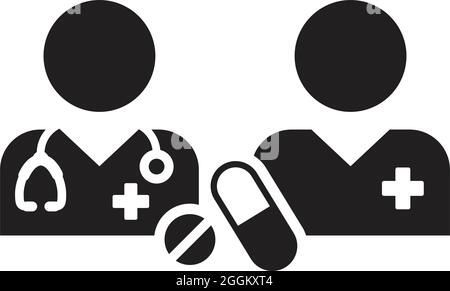 Doctor icon with patient vector with pill and tablet for medical treatment and consultation in a glyph pictogram illustration Stock Vector