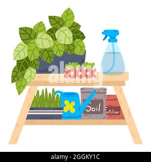 Table with potted plants, a spray bottle, bags of soil and fertilizer. Home plant growing. Eco hobby equipments. Vector illustration. Stock Vector