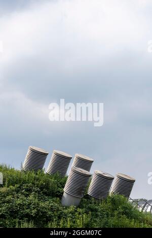 Intake towers for a ventilation system, geothermal energy, ventilation towers Stock Photo