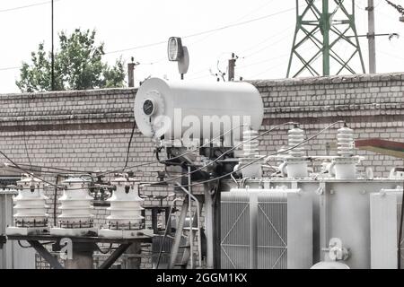 Small power substation of high voltage power line. Stock Photo