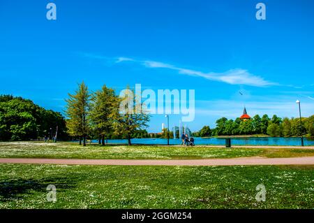 Willowpond Park or Pildammsparken with fountains in the Malmo city Stock Photo