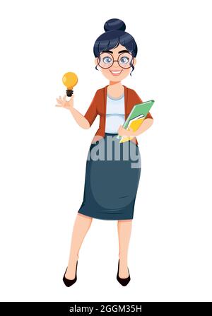 Happy Techer day. Cute female teacher cartoon character having a good idea. Stock vector illustration isolated on white background Stock Vector