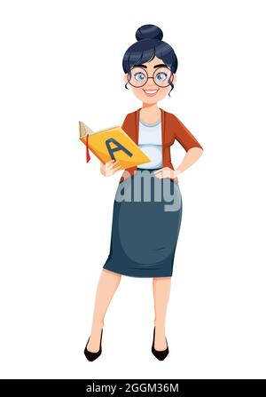 Happy Techer day. Cute female teacher cartoon character holding primer book. Stock vector illustration isolated on white background Stock Vector