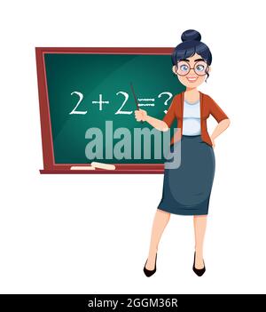 Happy Techer day. Cute female teacher cartoon character standing near chalkboard while math lesson. Stock vector illustration. Stock Vector