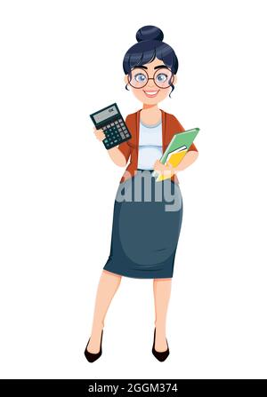 Happy Techer day. Cute female teacher cartoon character holding calculator. Stock vector illustration isolated on white background Stock Vector