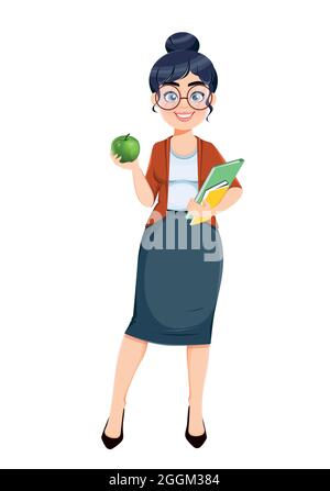 Happy Techer day. Cute female teacher cartoon character. Stock vector illustration isolated on white background Stock Vector