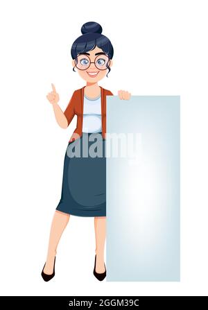 Happy Techer day. Cute female teacher cartoon character standing near big blank banner. Stock vector illustration. Stock Vector